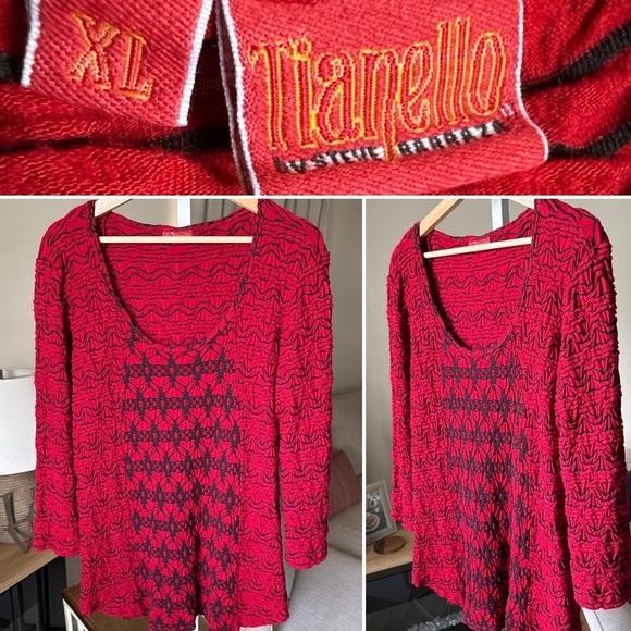 Tianello Women’s Ballet Tee Sz XL Red Black Textured Long Sleeve Rayon Blend - Picture 1 of 9